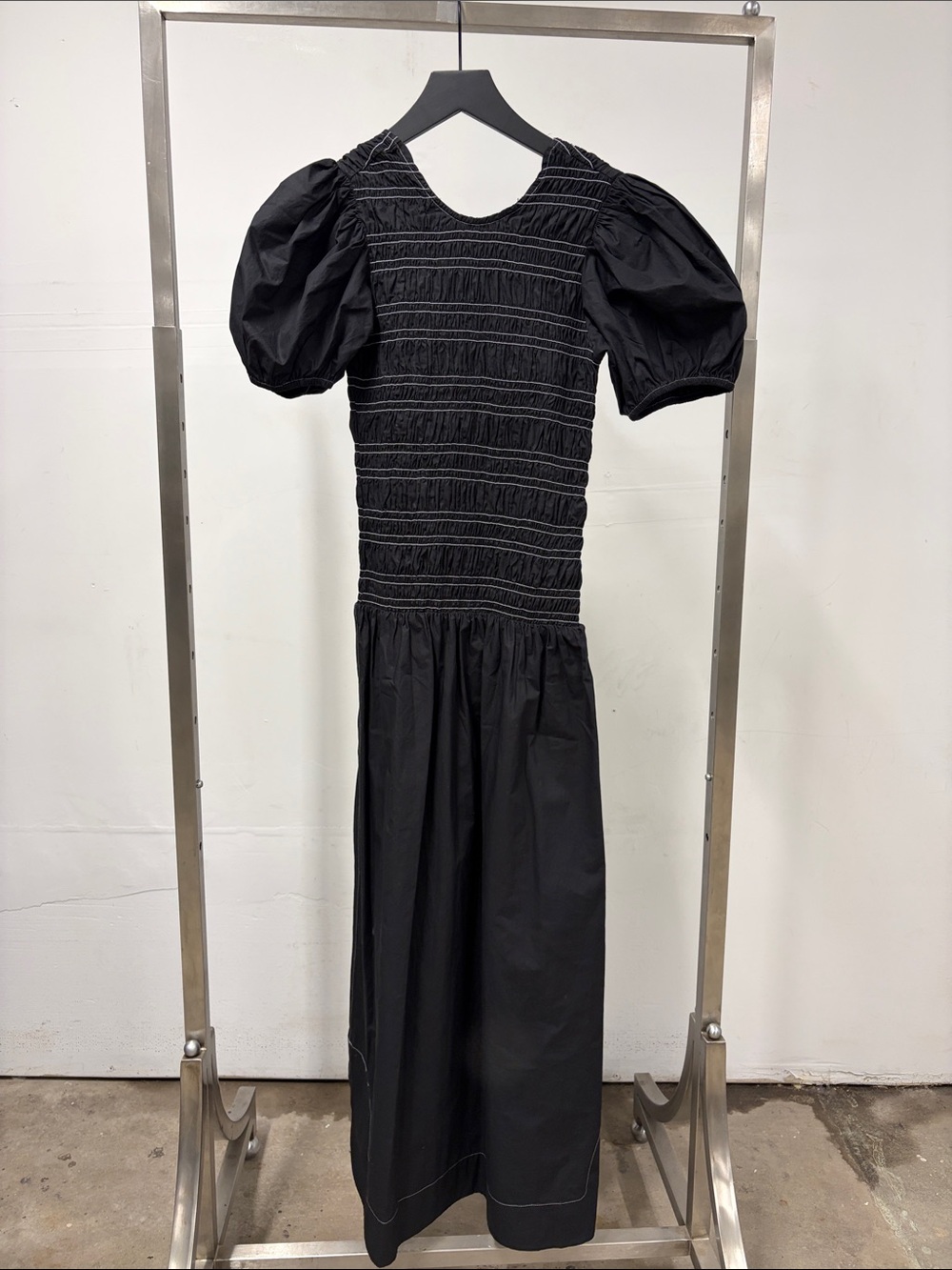 Ganni Women’s Black Cotton Poplin Smocked Maxi Dress